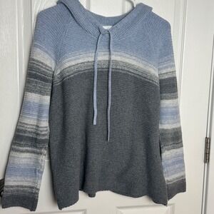 J Jill Women M Striped Ombre Knit Hoodie Sweater Blue Gray Long Sleeve Hooded
